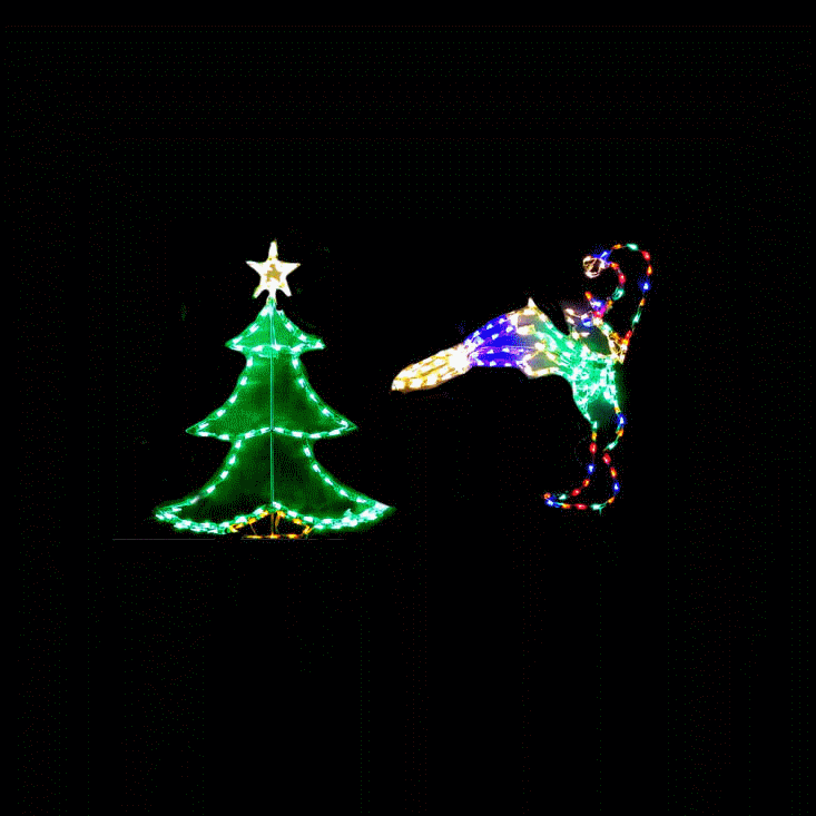 Outdoor Christmas Display of Elf Trimming a Christmas Tree